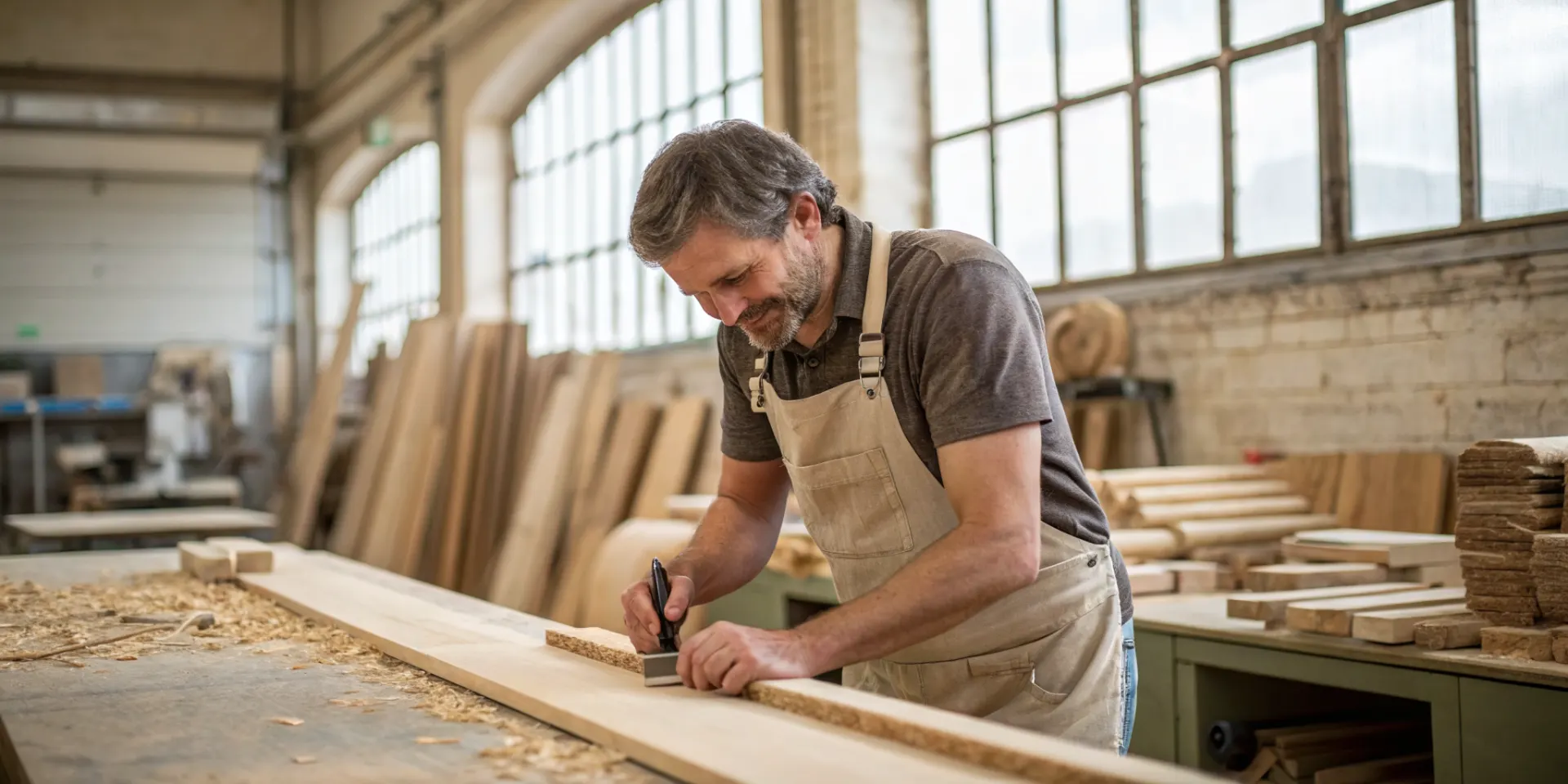 A furniture maker planing oak at the bench in his joinery workshop