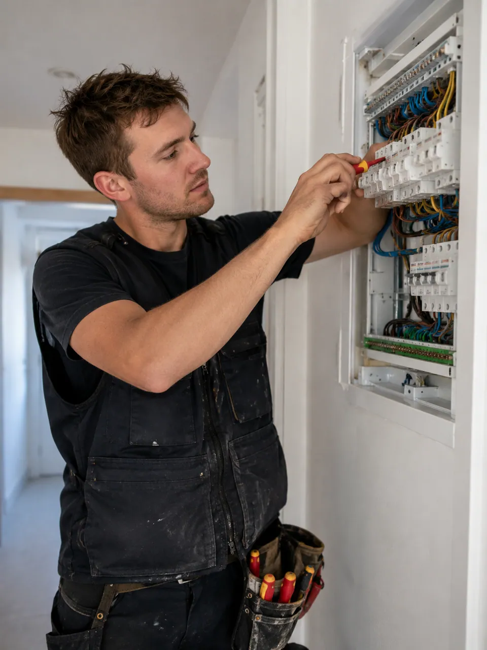 An electrician working on a consumer unit